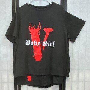 Short Set 2 Piece Shorts & Tee Leisure Baby Girl “V” Flames Red Screen Print 3XL